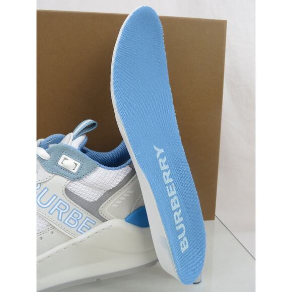 $850 BURBERRY SEAN WHITE SUEDE MESH PALE BLUE LOGO LOW SNEAKERS 41 US 8 ITALY